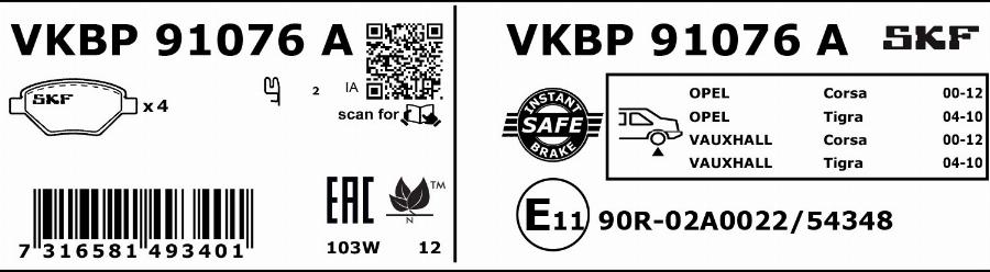 SKF VKBP 91076 A - Гальмівні колодки, дискові гальма autocars.com.ua