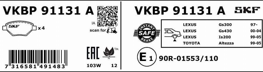 SKF VKBP 91131 A - Тормозные колодки, дисковые, комплект autodnr.net