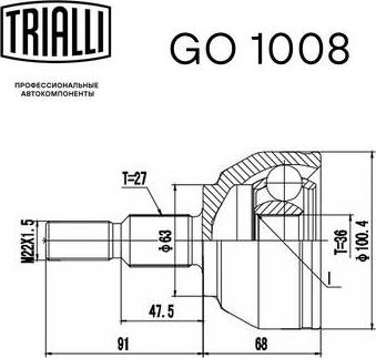 Trialli GO 1008 - ШРУС наружный Kuga 2.0-2.5 08- нар.27-вн.36 GO 1008 TRIALLI autocars.com.ua