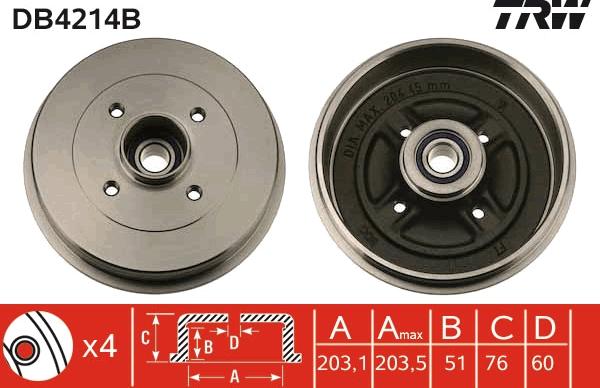 TRW DB4214B - Гальмівний барабан autocars.com.ua