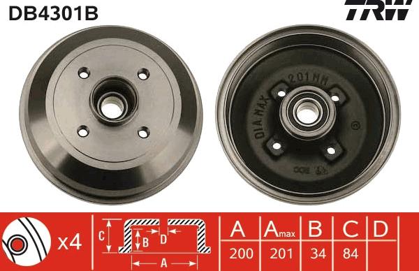 TRW DB4301B - Гальмівний барабан autocars.com.ua