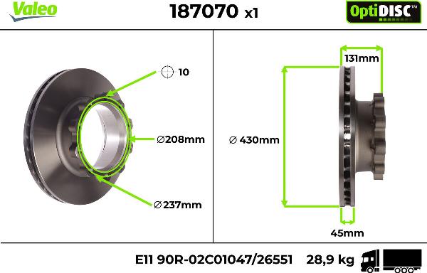 VALEO 187070 - Гальмівний диск autocars.com.ua