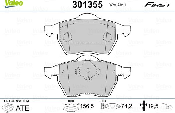 Valeo 301355 - Гальмівні колодки, дискові гальма autocars.com.ua