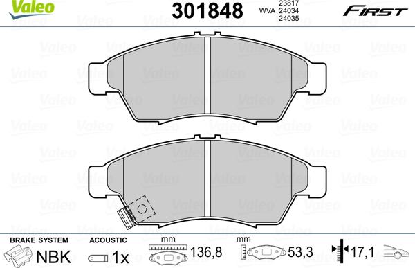 Valeo 301848 - Гальмівні колодки, дискові гальма autocars.com.ua