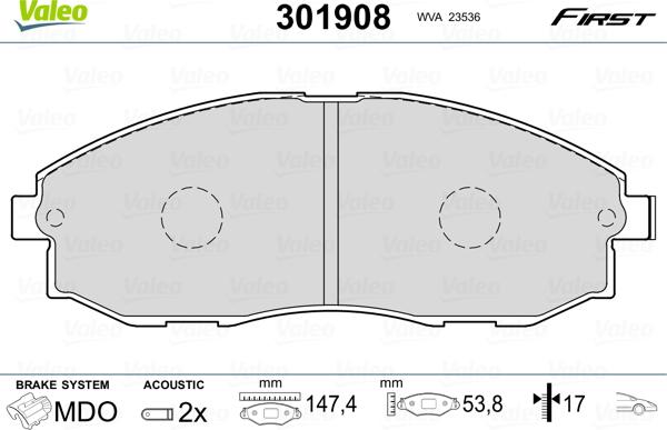 Valeo 301908 - Гальмівні колодки, дискові гальма autocars.com.ua