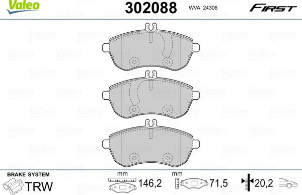 Valeo 302088 - Гальмівні колодки, дискові гальма autocars.com.ua