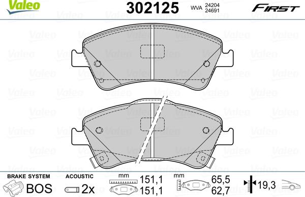 Valeo 302125 - Гальмівні колодки, дискові гальма autocars.com.ua