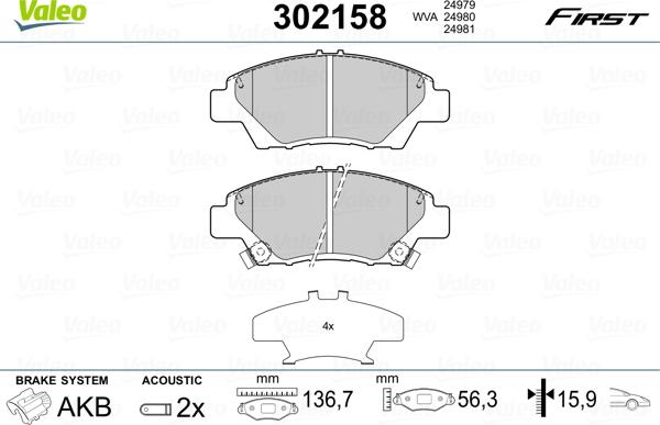 Valeo 302158 - Гальмівні колодки, дискові гальма autocars.com.ua