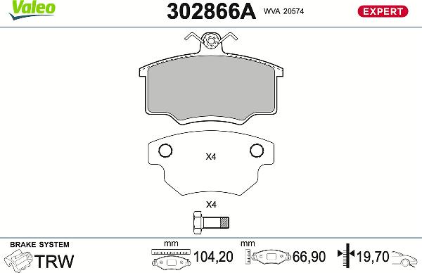VALEO 302866A - Гальмівні колодки, дискові гальма autocars.com.ua