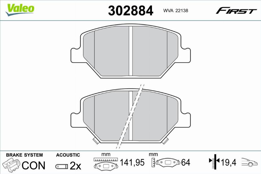 Valeo 302884 - Гальмівні колодки, дискові гальма autocars.com.ua