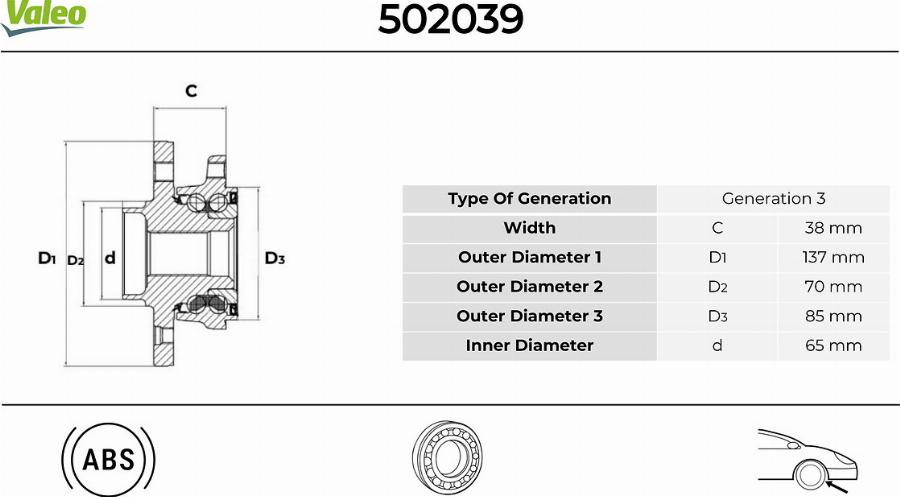 Valeo 502039 - Комплект подшипника ступицы колеса autodnr.net