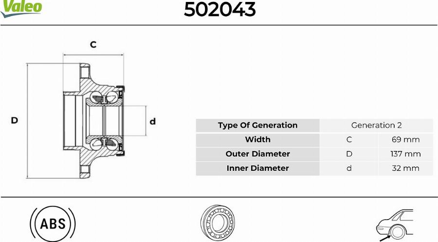 Valeo 502043 - Комплект подшипника ступицы колеса avtokuzovplus.com.ua