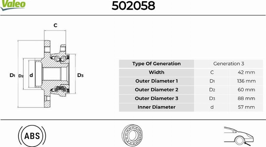 Valeo 502058 - Комплект підшипника маточини колеса autocars.com.ua