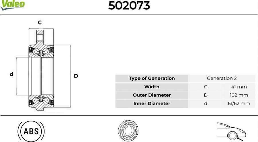 Valeo 502073 - Комплект підшипника маточини колеса autocars.com.ua