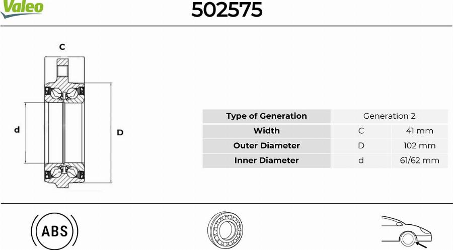 Valeo 502575 - Комплект підшипника маточини колеса autocars.com.ua