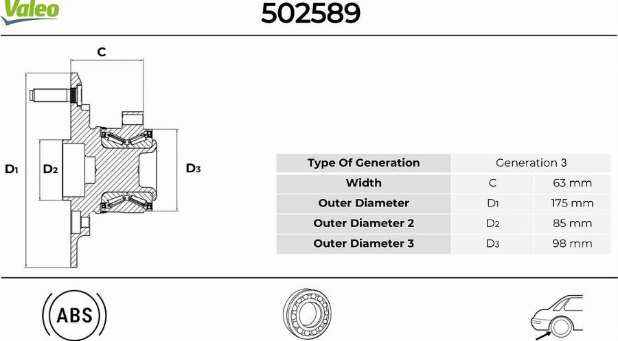 Valeo 502589 - Комплект подшипника ступицы колеса avtokuzovplus.com.ua