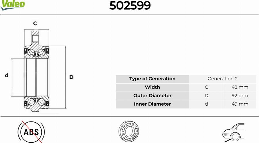 Valeo 502599 - Комплект підшипника маточини колеса autocars.com.ua