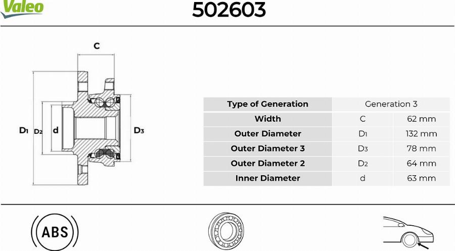 Valeo 502603 - Комплект подшипника ступицы колеса avtokuzovplus.com.ua