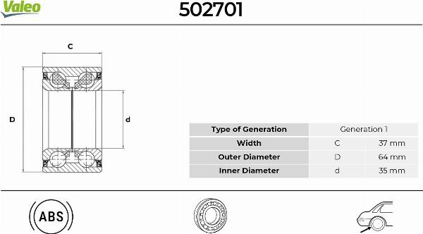 VALEO 502701 - Комплект підшипника маточини колеса autocars.com.ua