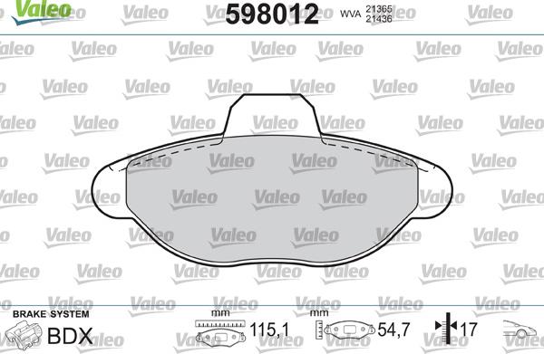 Valeo 598012 - Тормозные колодки, дисковые, комплект avtokuzovplus.com.ua