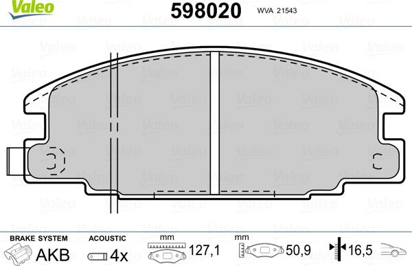 Valeo 598020 - Гальмівні колодки, дискові гальма autocars.com.ua