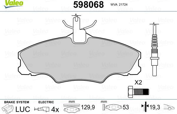 Valeo 598068 - Гальмівні колодки, дискові гальма autocars.com.ua