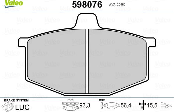 Valeo 598076 - Гальмівні колодки, дискові гальма autocars.com.ua