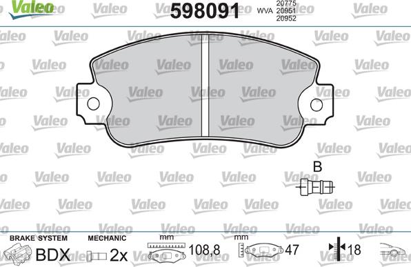Valeo 598091 - Гальмівні колодки, дискові гальма autocars.com.ua