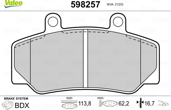 Valeo 598257 - Гальмівні колодки, дискові гальма autocars.com.ua