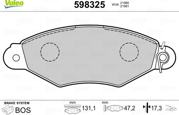 Valeo 598325 - Гальмівні колодки, дискові гальма autocars.com.ua