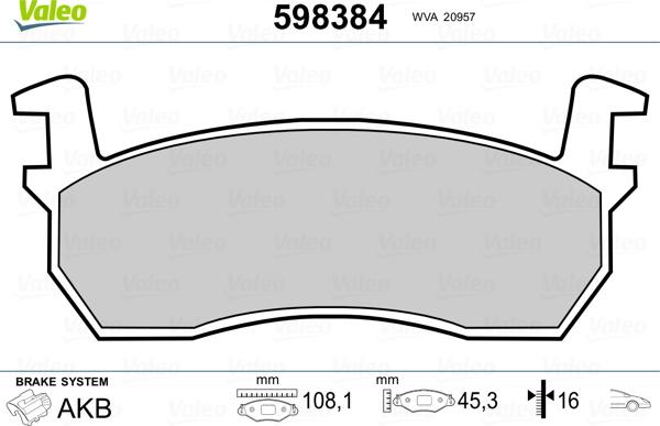 Valeo 598384 - Гальмівні колодки, дискові гальма autocars.com.ua