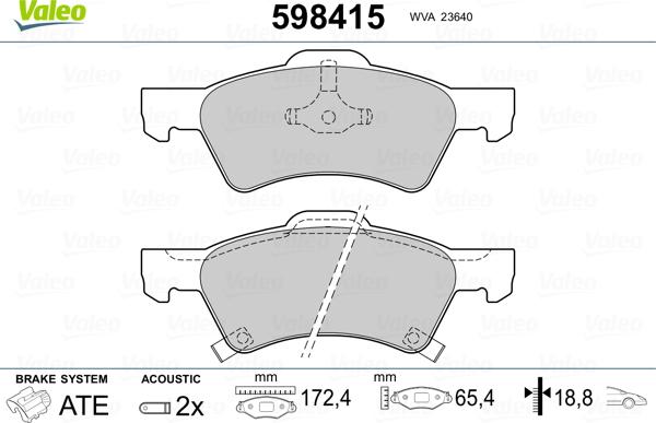 Valeo 598415 - Гальмівні колодки, дискові гальма autocars.com.ua