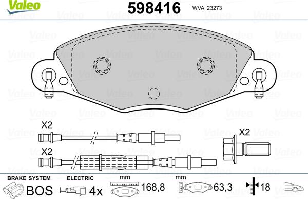 Valeo 598416 - Тормозные колодки, дисковые, комплект avtokuzovplus.com.ua