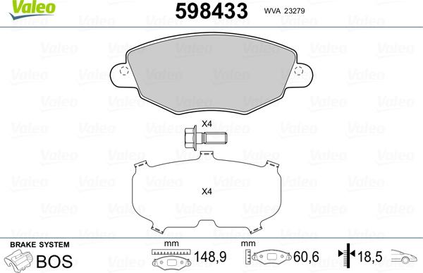 Valeo 598433 - Тормозные колодки, дисковые, комплект avtokuzovplus.com.ua