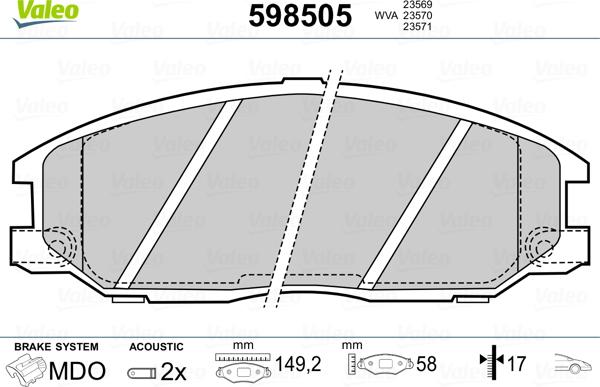 Valeo 598505 - Гальмівні колодки, дискові гальма autocars.com.ua