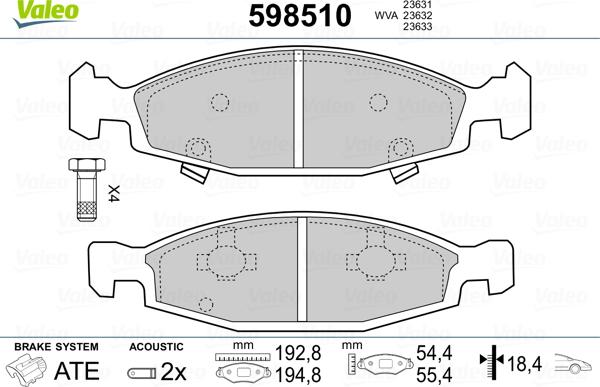 Valeo 598510 - Гальмівні колодки, дискові гальма autocars.com.ua