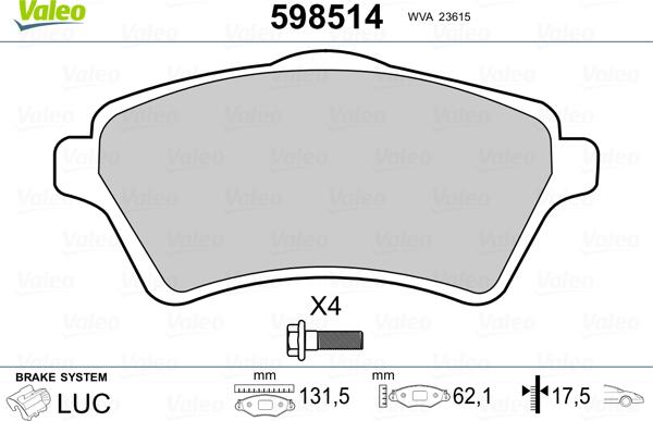 Valeo 598514 - Гальмівні колодки, дискові гальма autocars.com.ua