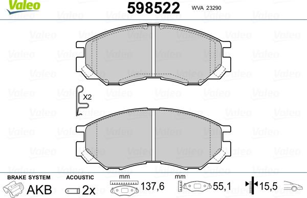 Valeo 598522 - Гальмівні колодки, дискові гальма autocars.com.ua