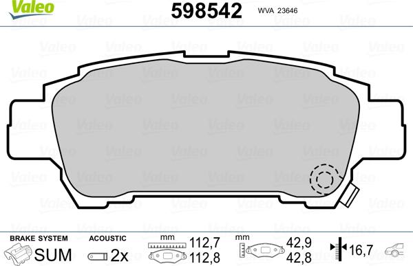 Valeo 598542 - Гальмівні колодки, дискові гальма autocars.com.ua