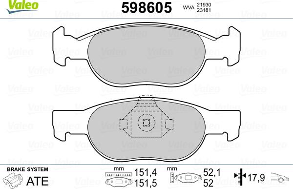 Valeo 598605 - Гальмівні колодки, дискові гальма autocars.com.ua