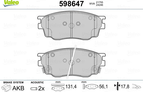 Valeo 598647 - Тормозные колодки, дисковые, комплект avtokuzovplus.com.ua