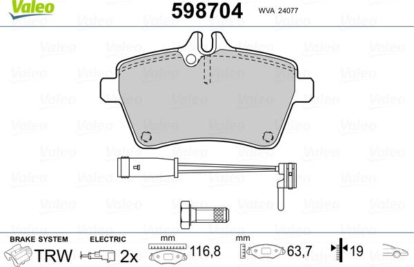 Valeo 598704 - Гальмівні колодки, дискові гальма autocars.com.ua