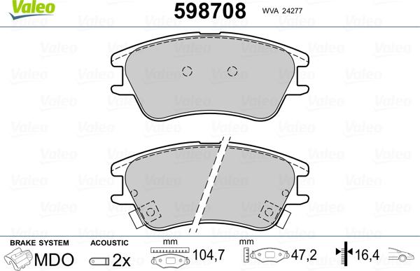 Valeo 598708 - Гальмівні колодки, дискові гальма autocars.com.ua