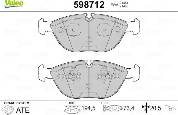 Valeo 598712 - Гальмівні колодки, дискові гальма autocars.com.ua