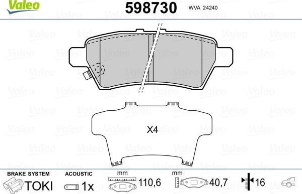 Valeo 598730 - Гальмівні колодки, дискові гальма autocars.com.ua