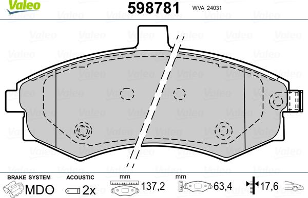 Valeo 598781 - Тормозные колодки, дисковые, комплект autodnr.net