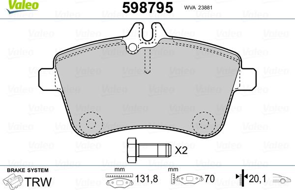 Valeo 598795 - Гальмівні колодки, дискові гальма autocars.com.ua