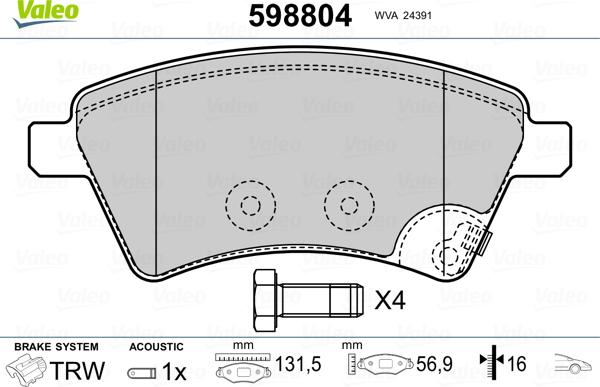 Valeo 598804 - Гальмівні колодки, дискові гальма autocars.com.ua