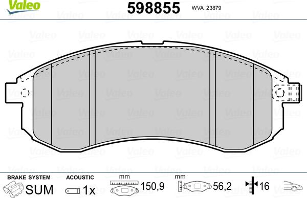 Valeo 598855 - Гальмівні колодки, дискові гальма autocars.com.ua