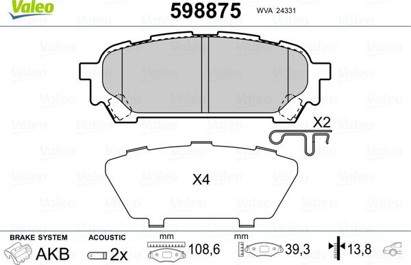 Valeo 598875 - Тормозные колодки, дисковые, комплект avtokuzovplus.com.ua